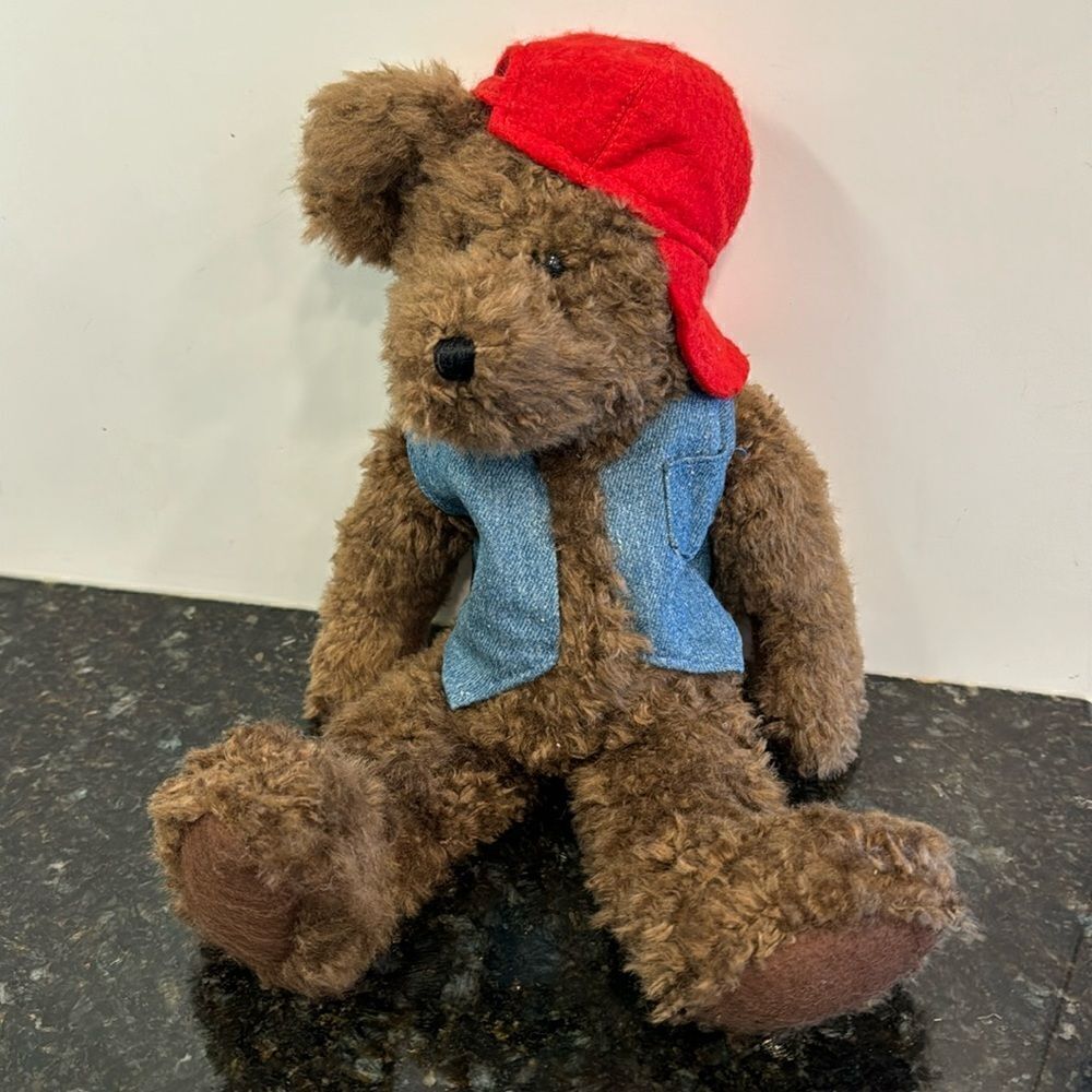 Hallmark First Snow “Buster” Denim Vest Red Hat Brown Bear Plush